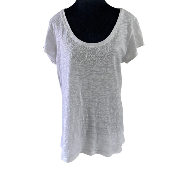 Caslon Tops - Caslon Coastal Boho XL White Beaded Scoop Neck Short Sleeve Burnout Cotton Tee